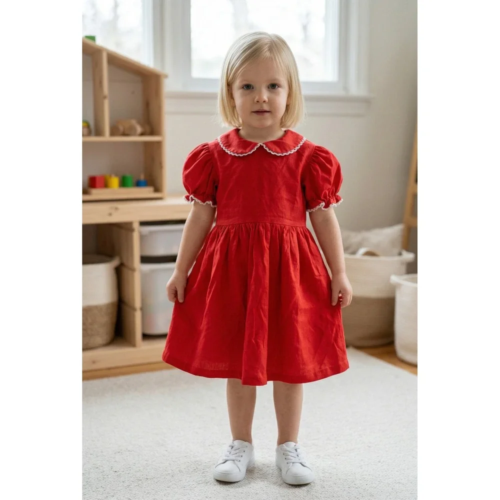 Vintage Nannette Girls Red Puff‎ Sleeve Eyelet Lace Peter Pan Collar Dress 4t 4